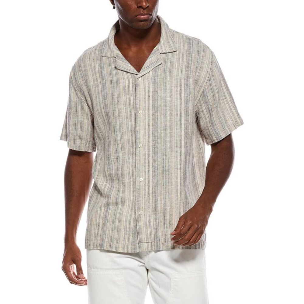 Truth Mens  Camp Collar Linen-Blend Stripe Shirt